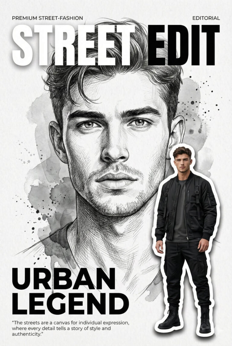 Gemini AI Generated Image: A magazine cover design titled "STREET EDIT" featuring a large, detailed pencil sketch portrait of a young man’s face with artistic watercolor splatters in the background. In the lower right corner, a realistic full-body photo of the same model stands as a cutout, wearing a black bomber jacket, dark t-shirt, black cargo pants, and boots. Large bold text at the bottom reads "URBAN LEGEND," followed by a quote about street style.