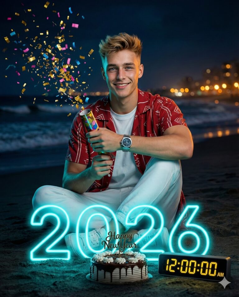 Gemini AI Generated Image: a cheerful young man sitting cross-legged on a sandy beach at night, celebrating the New Year. He is dressed in a red patterned button-down shirt over a white tee and white pants, holding a party popper that is exploding with colorful confetti. In the foreground, large, glowing cyan neon numbers display "2026," alongside a chocolate cake with a "Happy New Year" topper and a digital clock showing exactly "12:00:00 AM." The background sets a festive mood with ocean waves and blurred city lights in the distance.