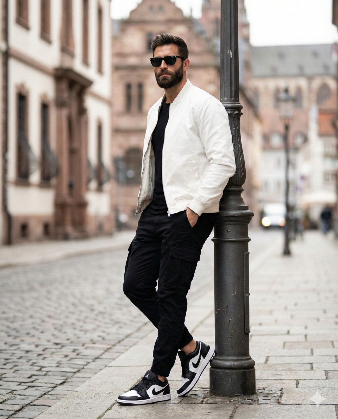 Gemini AI Generated Photo of a Stylish bearded man in a white jacket and sunglasses leaning against a lamppost.