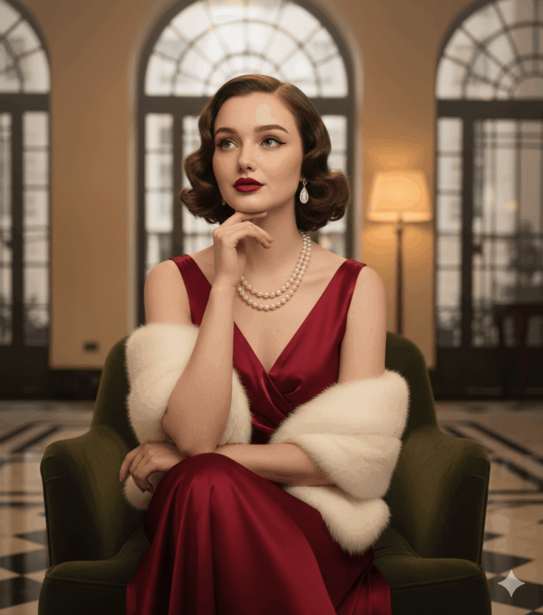 Gemini AI Generated Image: A glamorous woman styled in a vintage Old Hollywood aesthetic sits in a green velvet armchair. She wears a sleeveless, deep red satin gown with a white fur stole wrapped around her arms, accessorized with a double-strand pearl necklace and teardrop earrings. Her short, wavy brown hair and red lipstick complement the classic look as she rests her chin on her hand, gazing thoughtfully to the side. The background features a luxurious interior with large arched windows, a warm floor lamp, and a black-and-white checkerboard floor.