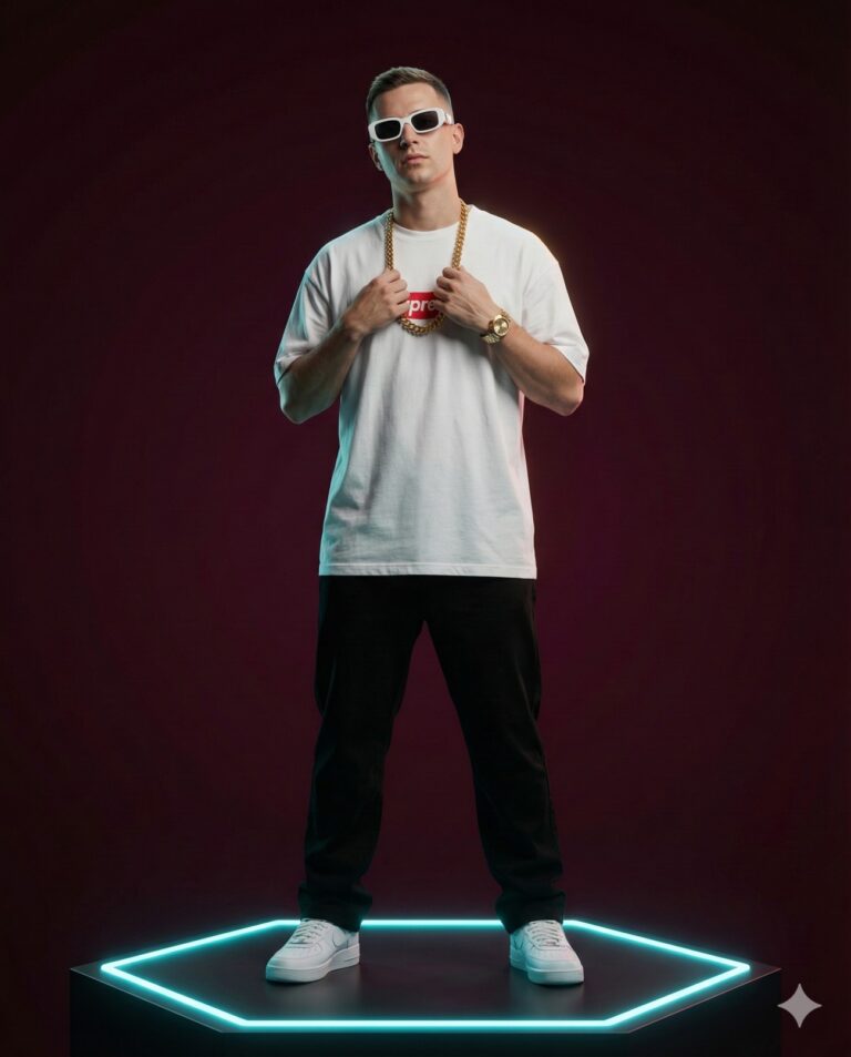 Gemini AI Generated Image: A full-length photograph shows a man standing on a hexagonal platform with a glowing blue-green edge. He wears white sunglasses, a white t-shirt with a red "Supreme" logo box across the chest, black pants, and white sneakers. He holds a thick gold chain around his neck with both hands and wears a gold watch on his left wrist. He is looking upward and to the left. The background is a solid, deep red color. The lighting is low-key, highlighting him from the front and sides.