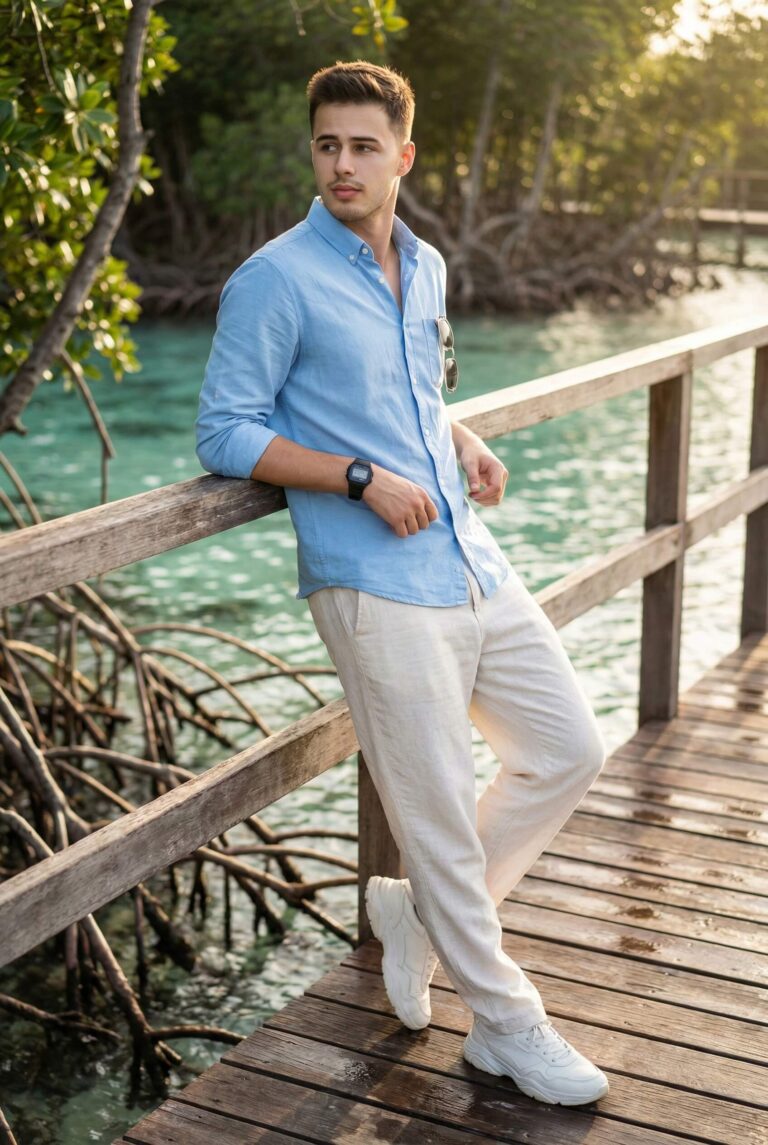 Gemini generated image: A young man wearing a light blue long-sleeve shirt and white linen pants is leaning on a wooden railing over clear blue-green water. He's on a wooden dock with tropical foliage visible. He is also wearing a black watch and white sneakers.
