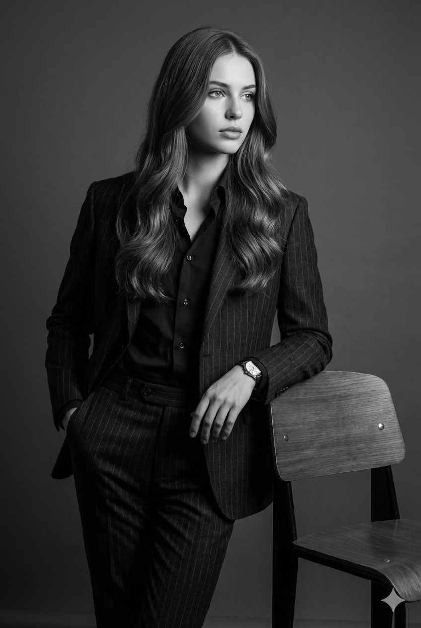Gemini AI Generated Image: Young woman in a pinstripe suit leans on a chair in a stylish B&W studio portrait.