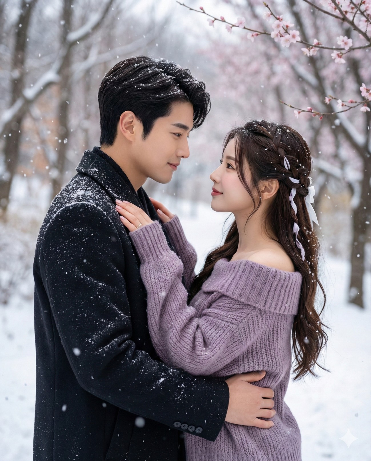 Gemini AI Generated Image: A romantic couple gazes into each other's eyes in a snowy forest, framed by falling snow and pink blossoms.