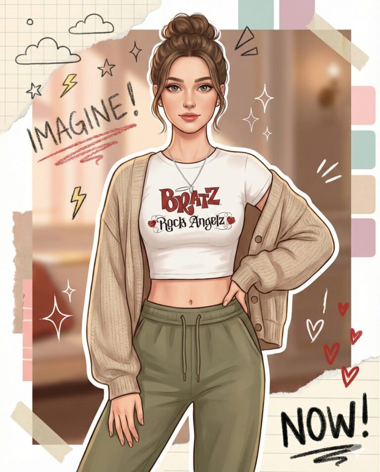 Gemini AI Generated: a stylish, digital illustration of a young woman presented in a creative scrapbook or collage aesthetic. The subject stands centrally with a confident, casual pose, one hand resting on her hip, and is framed by a thick white outline that gives her the appearance of a die-cut sticker. She is dressed in a "Bratz Rock Angelz" white cropped graphic t-shirt layered under a slouchy, oatmeal-colored knit cardigan, paired with comfortable olive green drawstring joggers. Her brown hair is styled in a voluminous, messy high bun with loose strands framing her face, and she wears a simple silver pendant necklace. The background mimics a mood board, incorporating textures of ripped graph paper, masking tape, and a vertical color palette strip. Surrounding the figure are playful hand-drawn doodles of clouds, lightning bolts, stars, and hearts, along with the motivational words "IMAGINE!" scribbled in the upper left and "NOW!" in bold lettering at the bottom right.