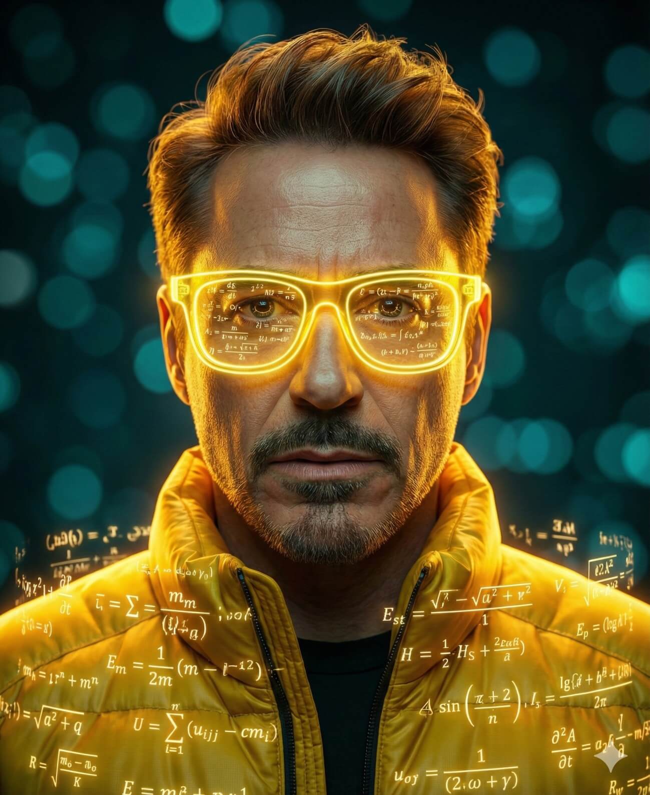 Gemini Generated Image: A man resembling Tony Stark/Iron Man is shown in a close-up portrait. He wears a bright yellow jacket and glowing yellow glasses. The glasses and the air around him are covered in mathematical equations and formulas glowing in yellow light, suggesting intelligence or a high-tech interface. The background is dark and blurry with turquoise/blue lights.