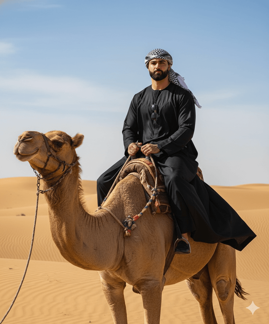 Gemini Generated Image: A man in black traditional Arabic clothing and a keffiyeh is riding a camel in a sunny desert setting with sand dunes.