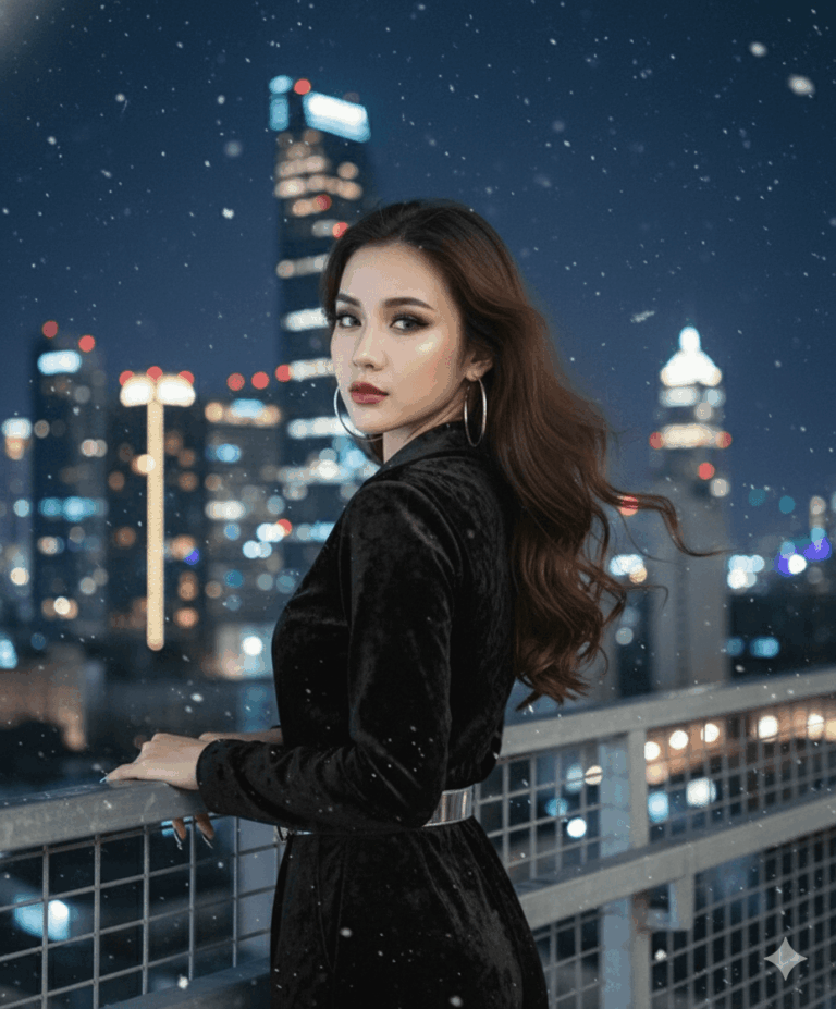 Gemini AI Generated Image: A young woman with long, wavy brown hair looks over her shoulder while standing on a balcony at night. She has a glamorous makeup look with bold eyeliner and red lipstick, wearing a black velvet dress and large silver hoop earrings. The background features a blurred, glowing city skyline under a soft snowfall.