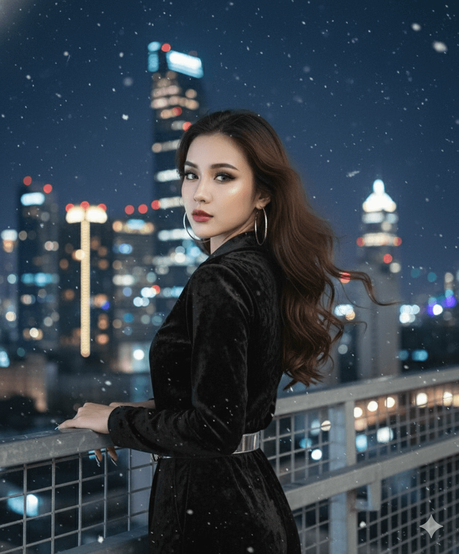 Gemini AI Generated Image: A young woman with long, wavy brown hair looks over her shoulder while standing on a balcony at night. She has a glamorous makeup look with bold eyeliner and red lipstick, wearing a black velvet dress and large silver hoop earrings. The background features a blurred, glowing city skyline under a soft snowfall.