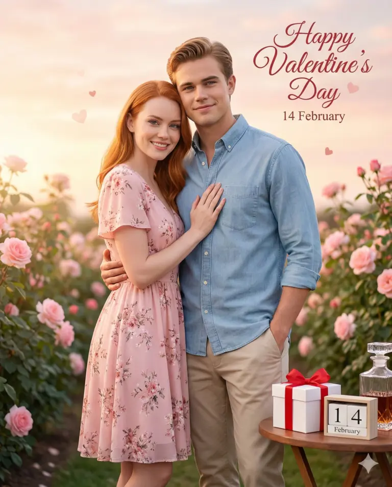 A smiling couple poses in a sunrise rose garden for Valentine's Day. The scene includes a gift, a "14 February" calendar, and festive red script text against a sunrise sky.