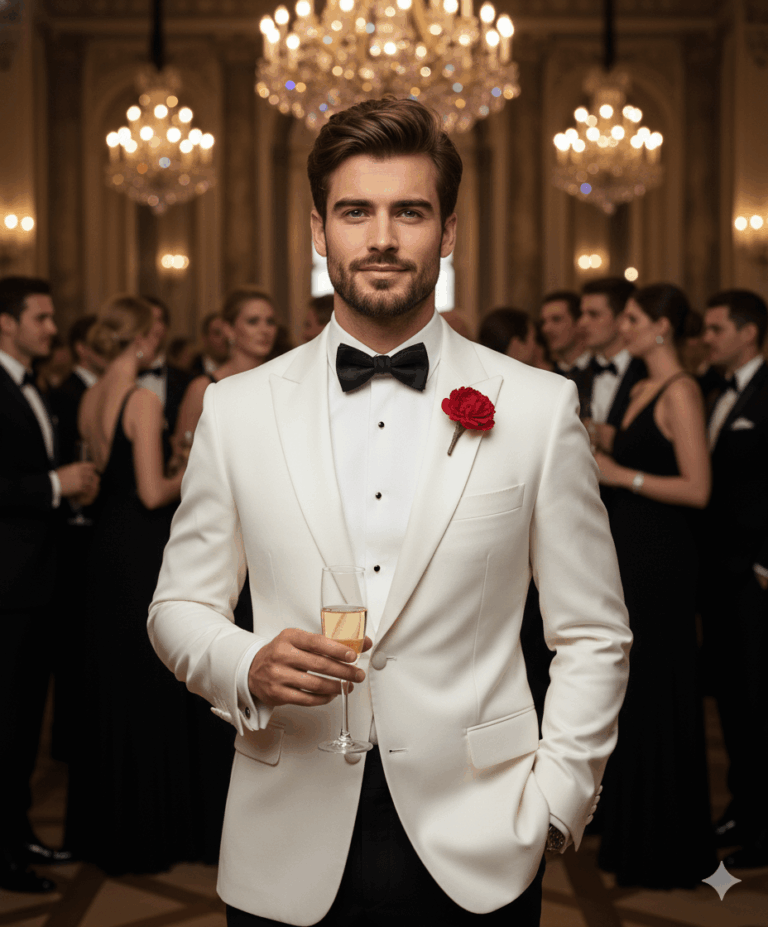 Gemini AI Generated Image: A handsome man in a sharp white tuxedo jacket with a black bow tie and a red carnation boutonniere stands at a formal gala. He is holding a glass of champagne and smiling subtly at the camera. In the blurred background, other guests in black-tie attire mingle in an opulent, high-ceilinged ballroom illuminated by grand crystal chandeliers.
