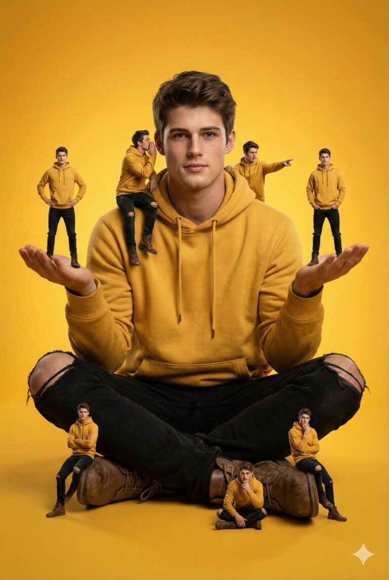 Gemini AI Generated Image: A full shot of a young man in a yellow hoodie and black ripped jeans sitting cross-legged against a yellow background, holding seven miniature versions of himself in various poses on his shoulders, hands, feet, and on the floor in front of him. One small figure stands on his left palm with hands on hips, another sits on his left shoulder whispering into his ear, a third stands on his right palm with hands in pockets, a fourth sits on his right shoulder pointing away, a fifth sits on his left boot with arms crossed, a sixth sits on his right boot with a hand on his chin, and a seventh sits on the floor between his feet, looking up. All figures wear the same yellow hoodie and black jeans. The lighting is bright and even, casting soft shadows.