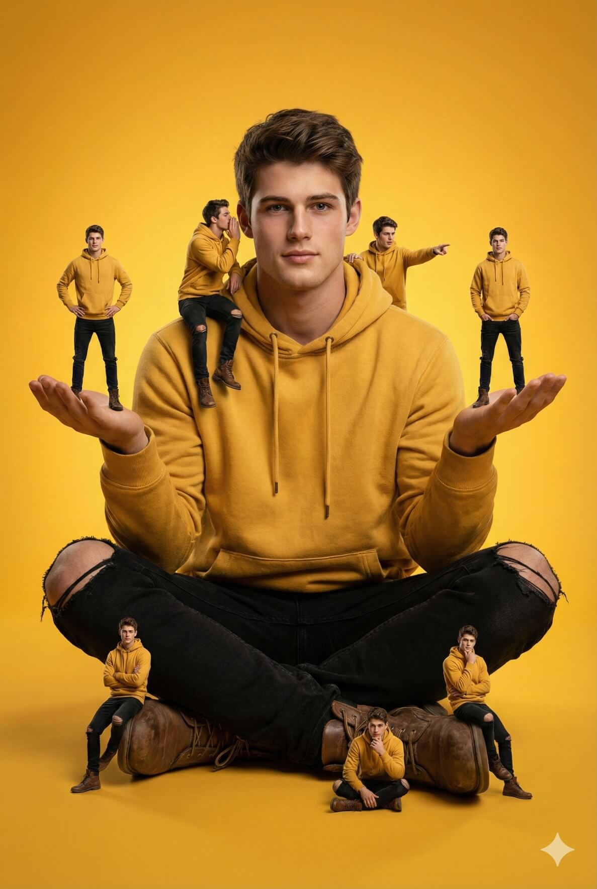 Gemini AI Generated Image: A full shot of a young man in a yellow hoodie and black ripped jeans sitting cross-legged against a yellow background, holding seven miniature versions of himself in various poses on his shoulders, hands, feet, and on the floor in front of him. One small figure stands on his left palm with hands on hips, another sits on his left shoulder whispering into his ear, a third stands on his right palm with hands in pockets, a fourth sits on his right shoulder pointing away, a fifth sits on his left boot with arms crossed, a sixth sits on his right boot with a hand on his chin, and a seventh sits on the floor between his feet, looking up. All figures wear the same yellow hoodie and black jeans. The lighting is bright and even, casting soft shadows.