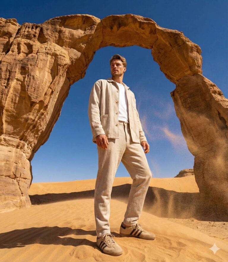 Gemini Generated Image: A man in a light beige linen suit and sneakers stands on a sandy dune beneath a large natural rock arch in a sunny, desert landscape.