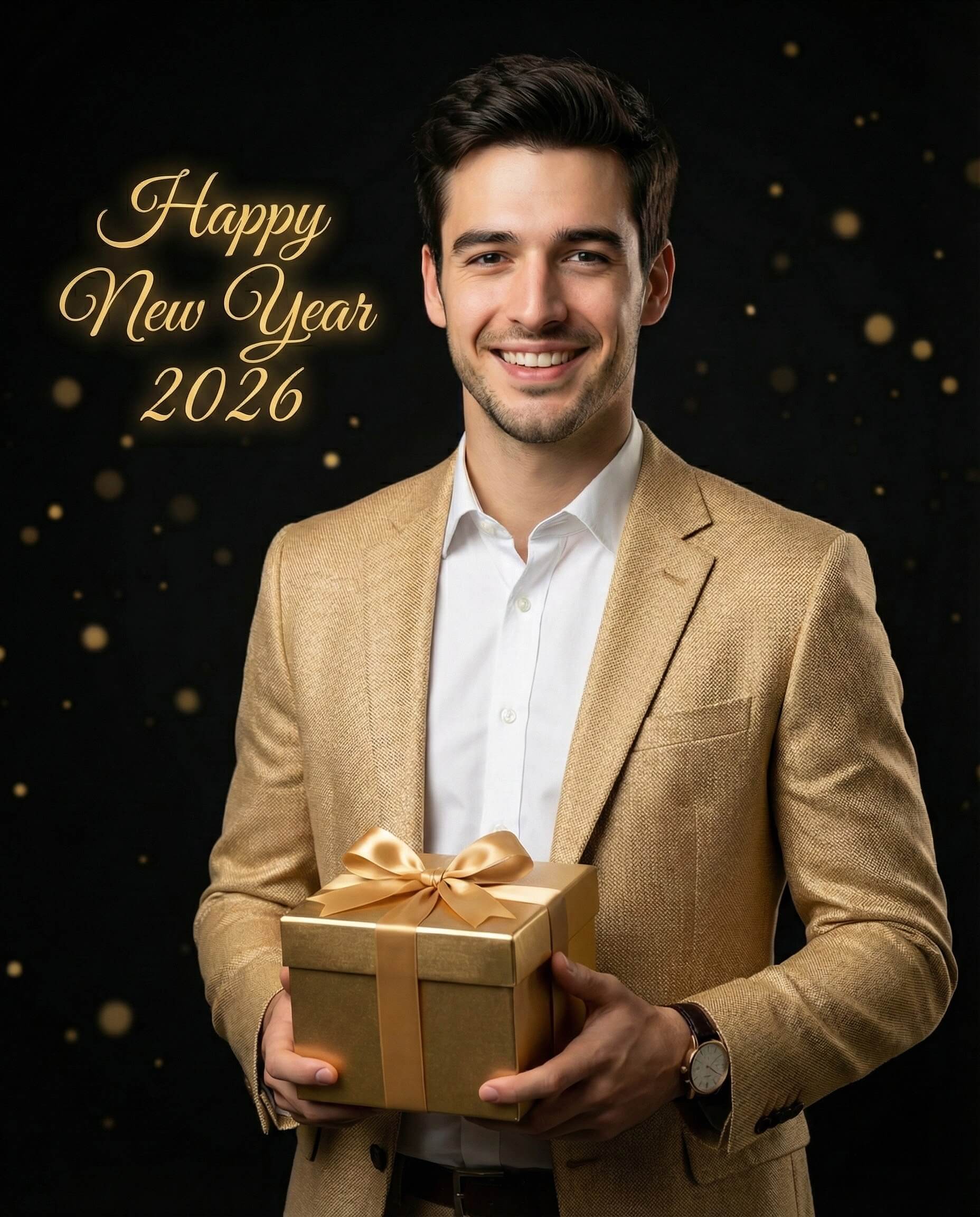 Gemini AI Generated Image: A smiling young man with dark hair and a light beard, wearing a gold-textured blazer over a white shirt, holding a gold gift box with a satin bow. The background is black with golden bokeh lights, and glowing gold text in the upper left corner reads "Happy New Year 2026."