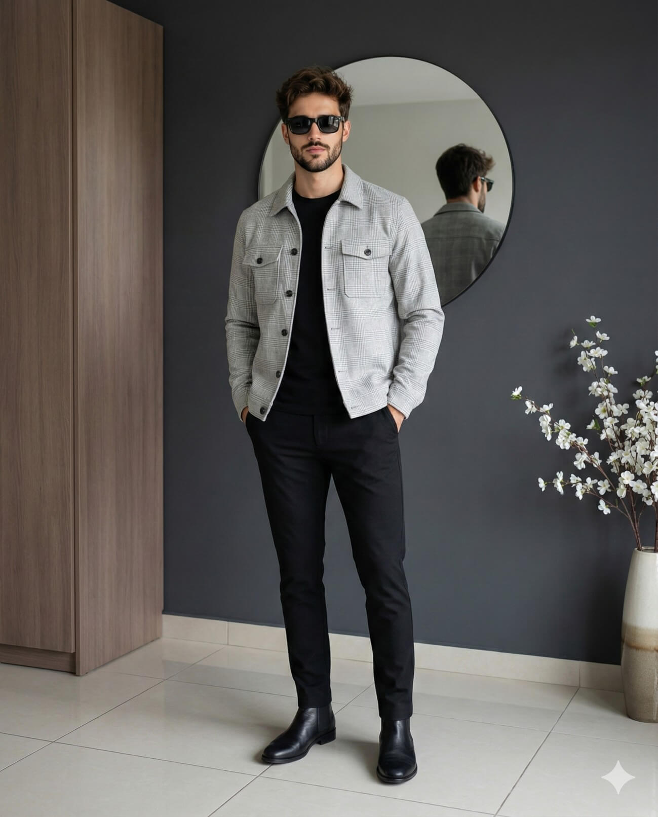 Gemini AI Generated Image: A stylish man standing indoors wearing a light grey plaid shirt-jacket over a black t-shirt and black trousers, accessorized with sunglasses and black leather boots. He stands with his hands in his pockets in front of a dark grey wall with a round mirror behind him.