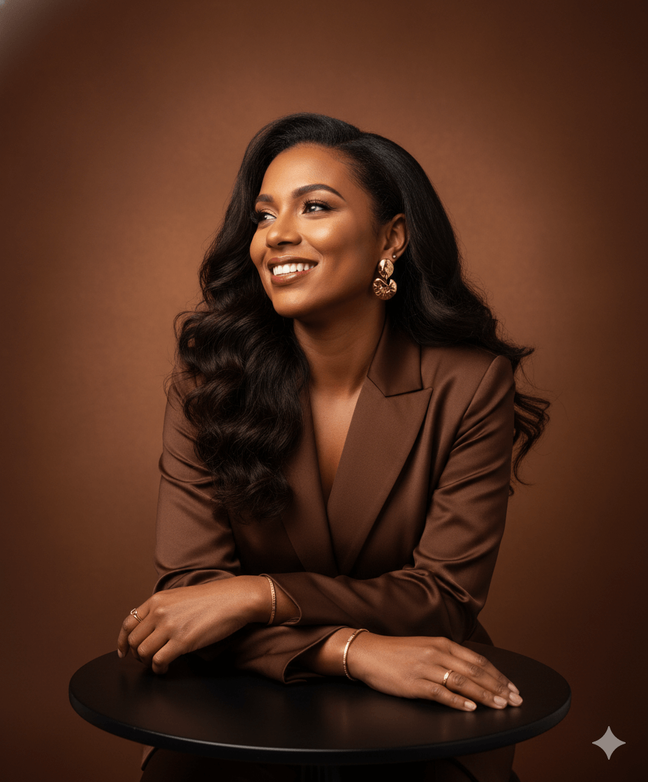 Gemini Generated Image: A smiling woman with long dark, wavy hair is wearing a brown blazer and gold jewelry, leaning on a dark table against a brown background.