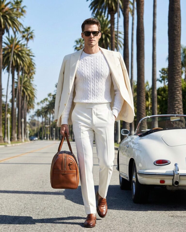Gemini AI Generated Image: A stylish man wearing sunglasses and an all-white outfit, featuring a cable-knit sweater and cream blazer draped over his shoulders, walks down a palm-lined street carrying a brown leather duffle bag, with a vintage white convertible parked in the background.
