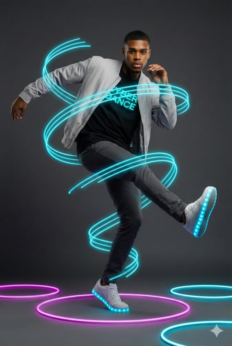 Gemini Generated Image: A young man in a light jacket and dark clothes is performing a dynamic dance pose, surrounded by bright, glowing blue neon rings that spiral around him. He is wearing white sneakers with glowing blue soles. The words "CYBER DANCE" are visible on his t-shirt in neon blue. Pink and blue neon rings are on the floor around him.