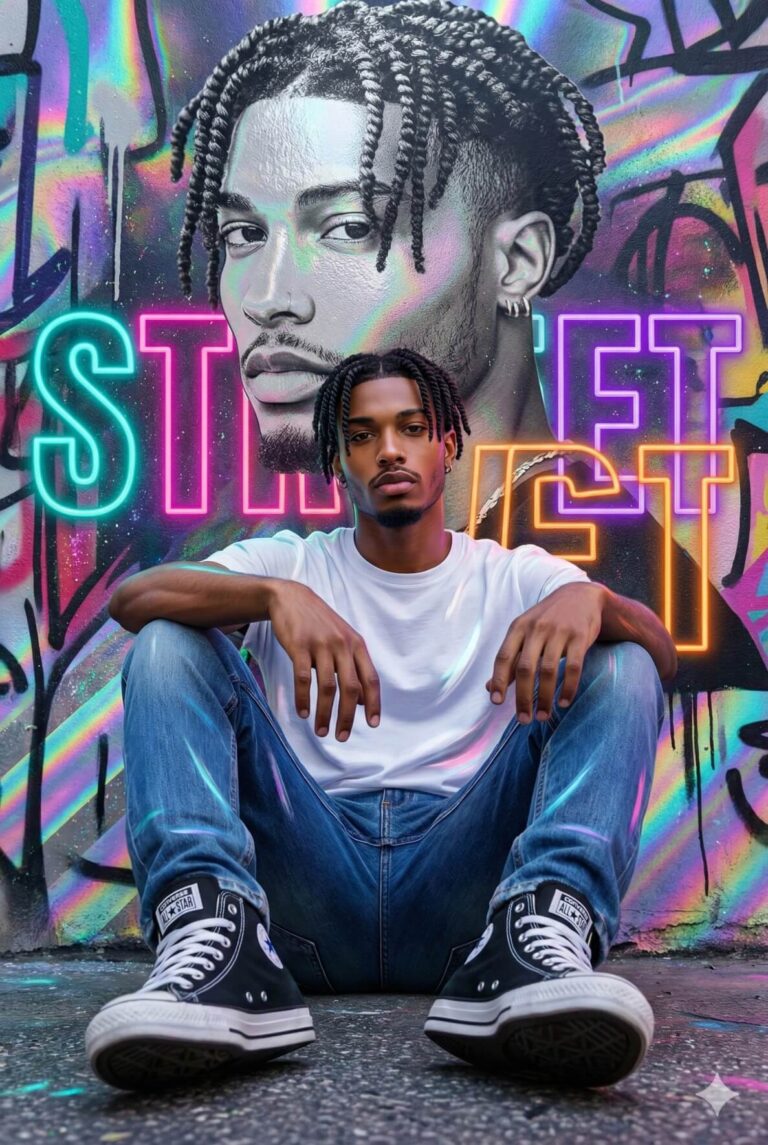 Gemini Generated Image: a young man with twisted braids, wearing a white t-shirt and jeans, sitting on the ground in front of a graffiti wall. Behind him is a large black-and-white portrait and the word "STREET" in neon-style letters. The overall style is urban and colorful.