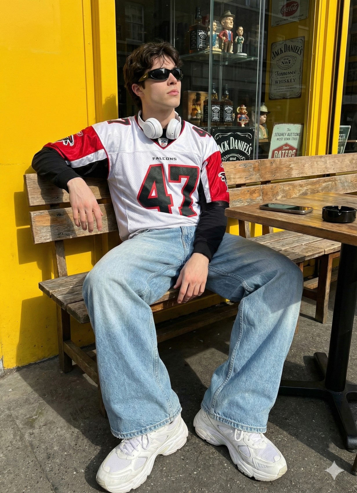 Gemini AI Generated realistic image of A young man in a Falcons jersey and baggy jeans relaxes on a bench outside a bright yellow storefront.
