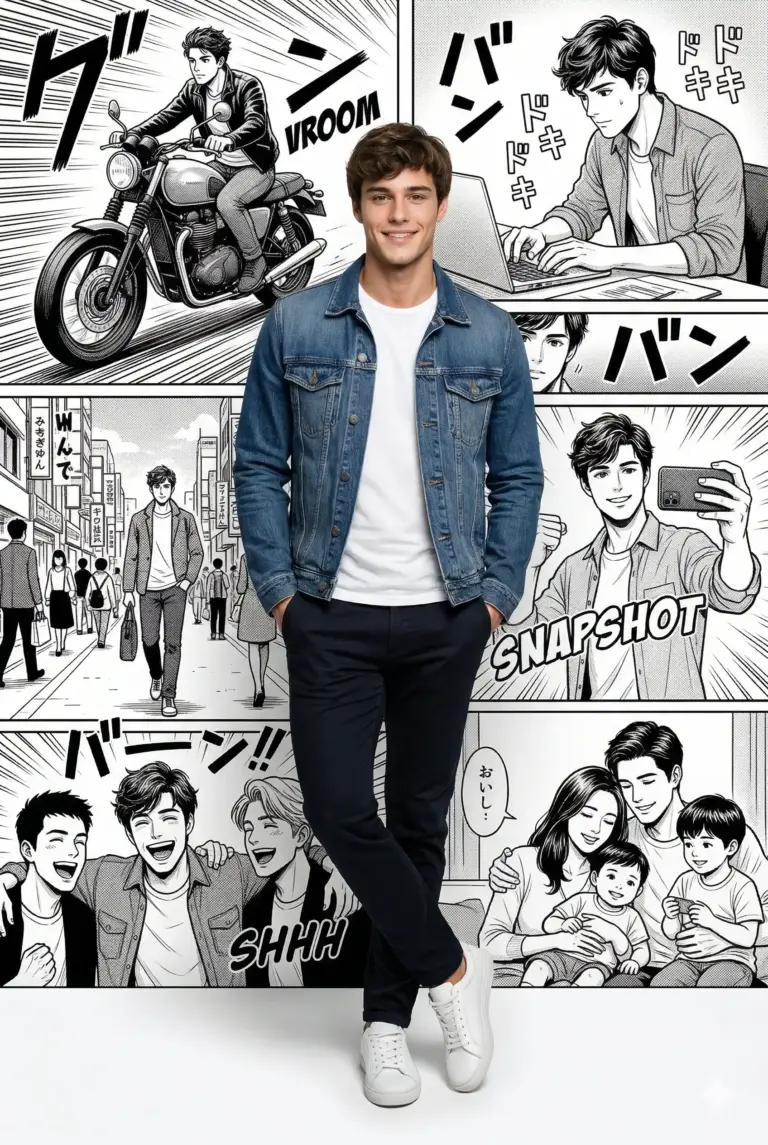 Man and Manga Panels AI Photo Editing Prompt. AI generated digital illustration of a young man in a denim jacket standing against a background of black and white manga panels depicting various scenes of his life.