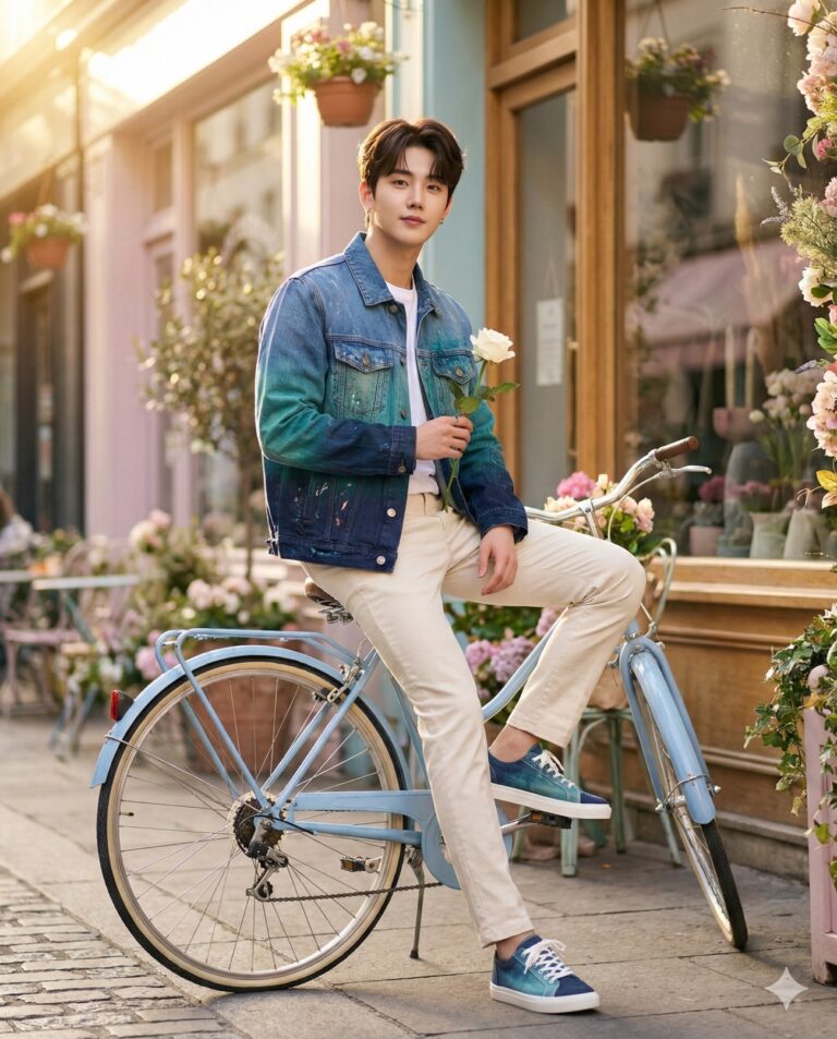 Gemini AI Generated Image of a stylish young man sits on a blue bicycle holding a white rose on a sunny, flower-filled street.