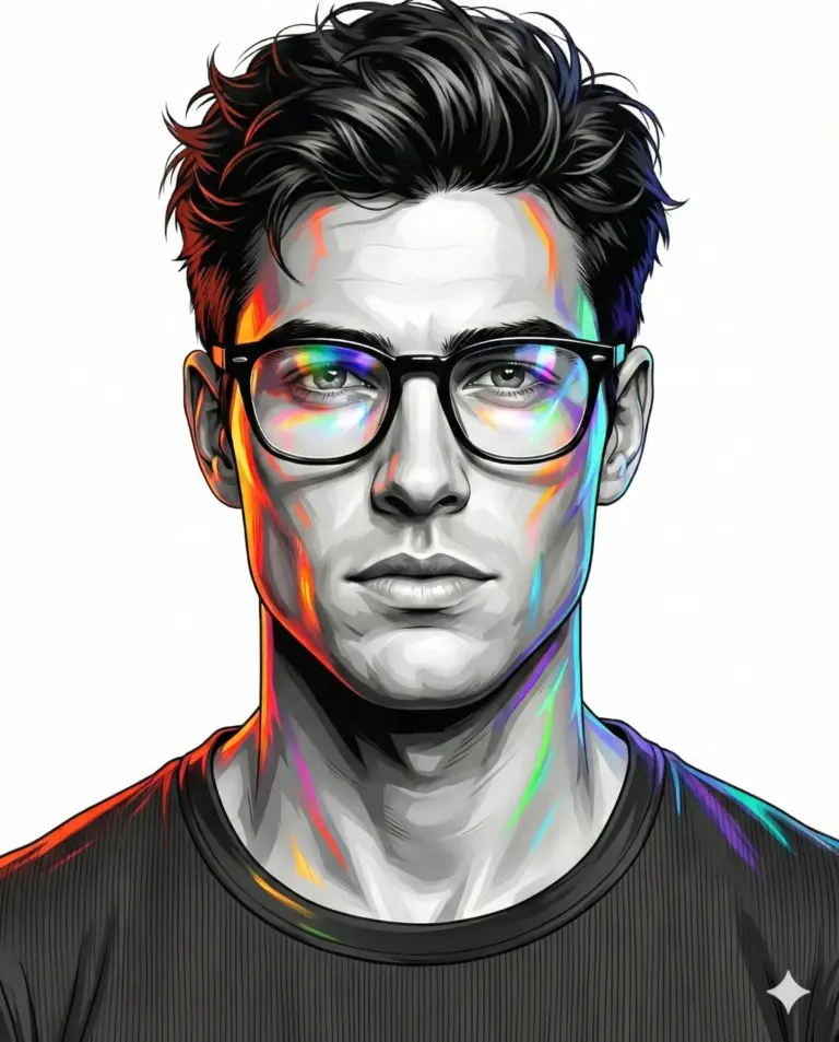 Grayscale digital portrait of a man with glasses, featuring vibrant prismatic rainbow light reflections across his face and dark hair. A clean, modern, and stylized illustration.