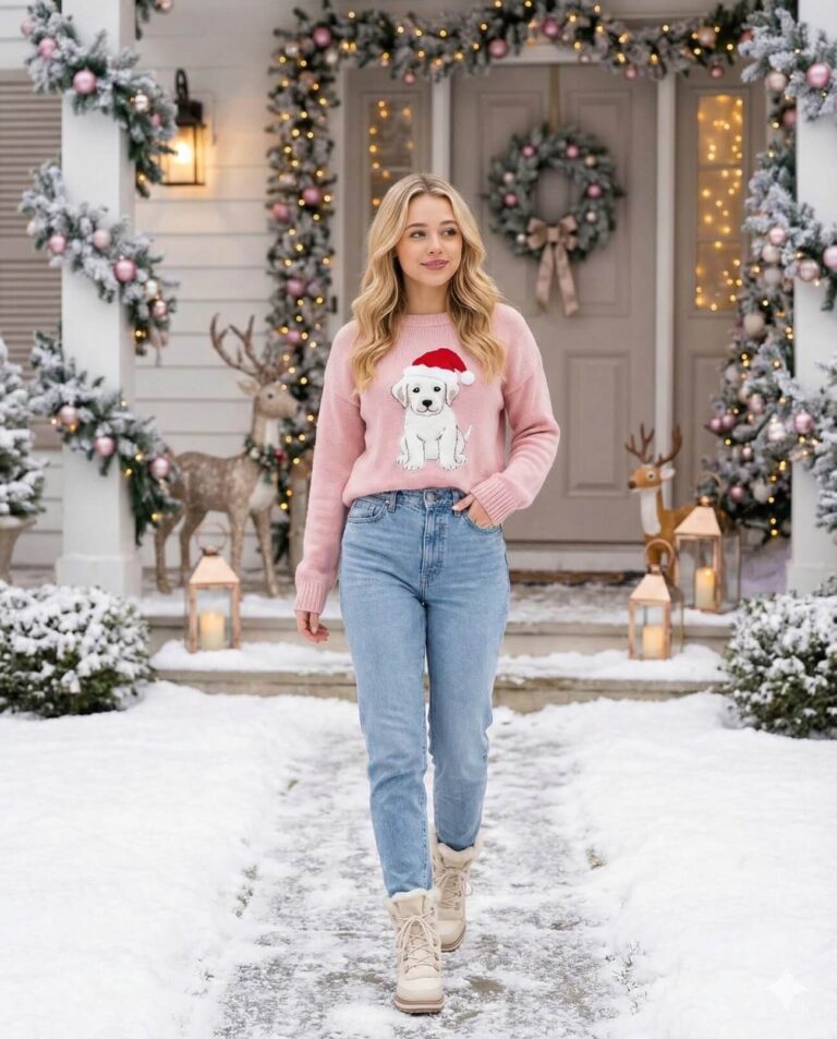 Gemini AI Generated Image: A full shot shows a young woman with long blonde wavy hair walking towards the camera on a snowy path, wearing a pink sweater with a white puppy wearing a Santa hat graphic, light blue jeans, and beige boots. She is smiling slightly as she walks. In the background, there's a house with Christmas decorations, including garlands on the pillars and porch, a wreath on the front door, reindeer figures, lanterns, and Christmas trees with pink ornaments and lights. The ground is covered in snow.
