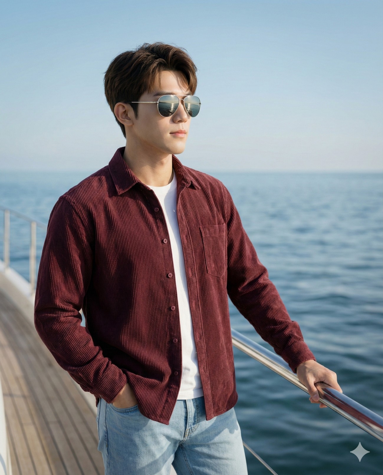 Gemini Generated Image: A man wearing a burgundy corduroy shirt over a white t-shirt, light wash jeans, and aviator sunglasses is standing on the deck of a boat, looking out at the ocean on a sunny day.