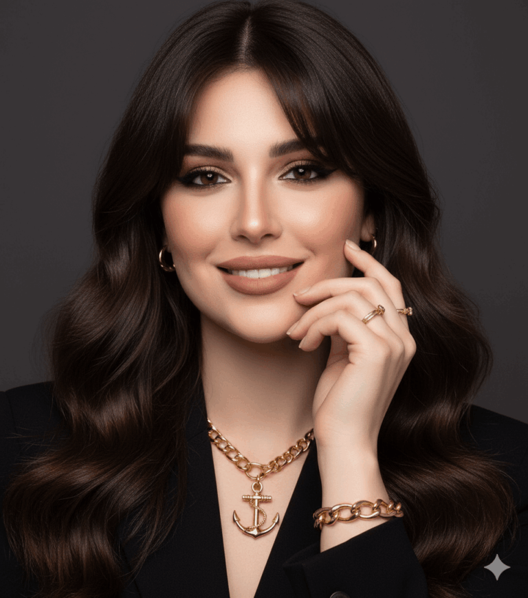 Gemini Generated Image: a beautiful woman with long, dark, wavy hair wearing a black blazer. She is smiling slightly and touching her cheek with her hand. She is wearing gold jewelry, including a thick chain necklace with an anchor pendant, hoop earrings, a bracelet, and a ring. The background is a solid dark gray.