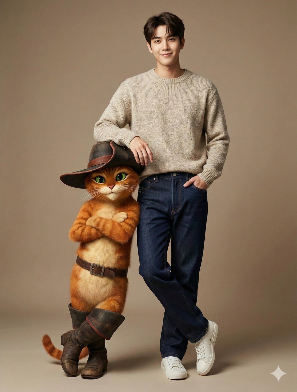 Gemini AI Generated Image: a charming crossover between a realistic human subject and the iconic animated character, Puss in Boots. Standing on the right is a handsome young man with dark hair, dressed in a casual beige knit sweater, dark denim jeans, and white sneakers. He smiles warmly, posing with a relaxed demeanor, one hand in his pocket and his right elbow resting playfully on the brim of Puss’s hat. Beside him, the famous orange tabby stands tall in his signature cavalier hat, leather belt, and boots. Puss crosses his arms with a confident, spirited expression, staring boldly forward. The background is a seamless neutral beige, enhancing the warm tones and unifying the whimsical mix of live-action and high-quality 3D animation.