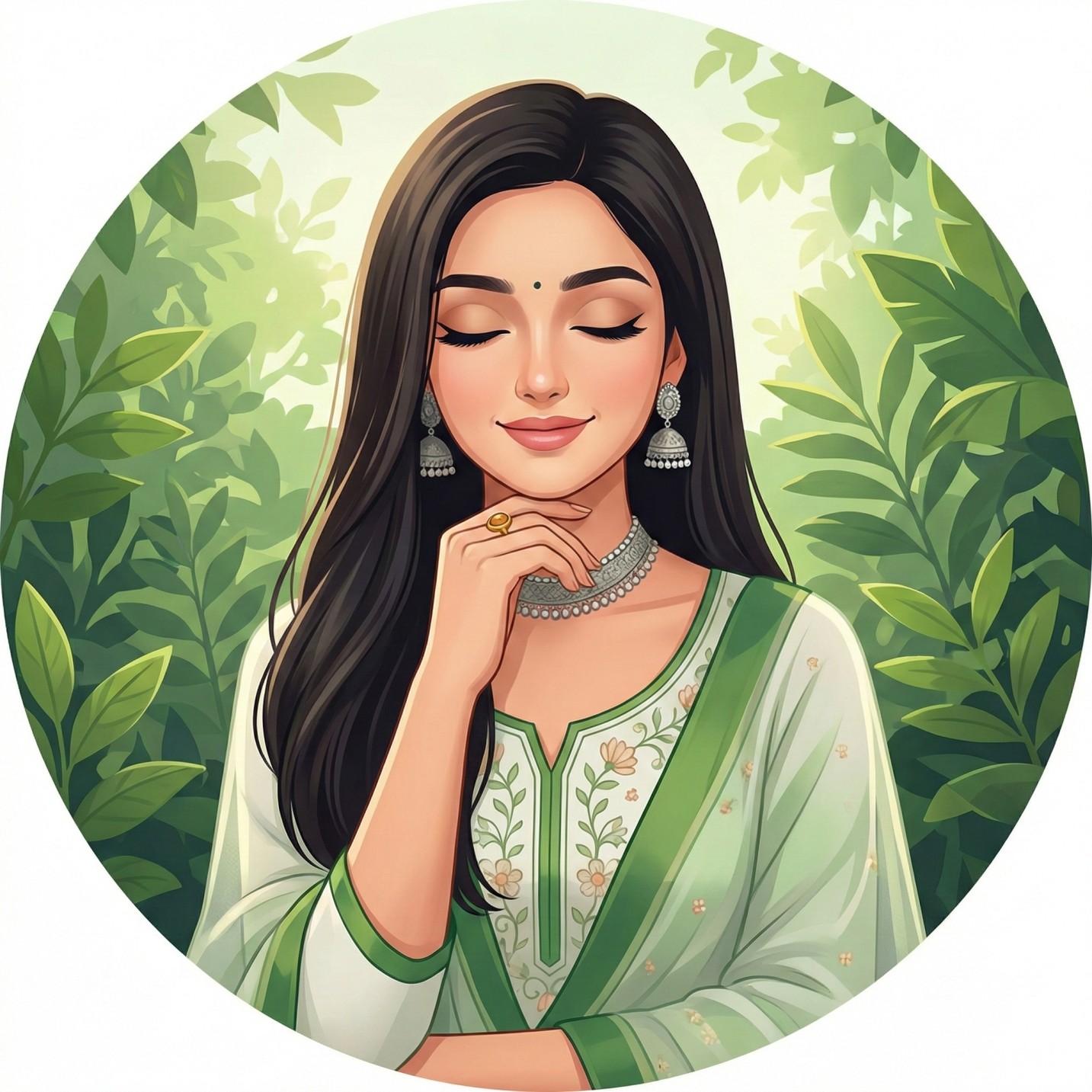 Gemini AI Generated Serene digital art of a South Asian woman in green, eyes closed, framed by lush leaves in a circular border.