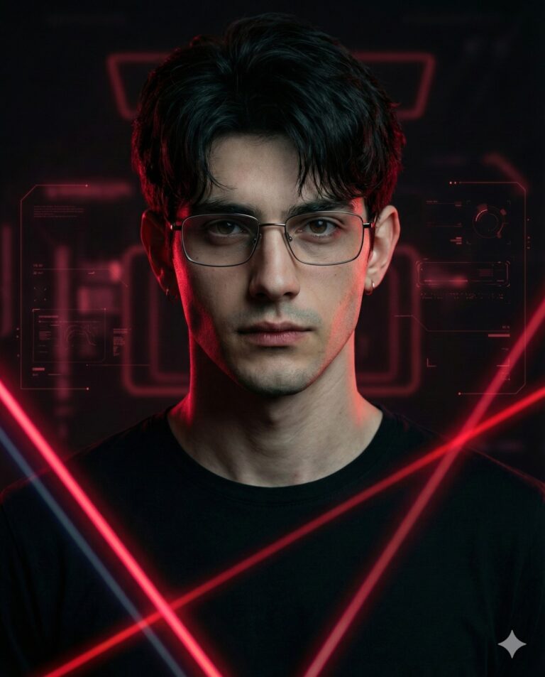 Gemini AI Generated Image: a portrait photograph of a young man in a futuristic, cyberpunk-style setting. He has dark, wavy hair and wears wire-rimmed glasses, looking directly at the camera with a serious expression. He is dressed in a black t-shirt. The scene is illuminated by dramatic red light, with multiple bright red laser beams crisscrossing in the foreground. The background is a dark, technological interface with glowing red circuit patterns and digital data displays, enhancing the sci-fi atmosphere. The overall mood is intense and mysterious, with the subject serving as the central focus amidst the technological elements.