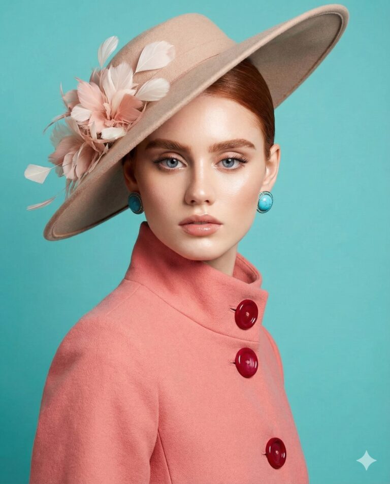 Gemini AI Generated Image: a young woman exuding vintage elegance. She wears a structured, coral-pink coat with a high collar, fastened by large, glossy crimson buttons. A chic, beige wide-brimmed hat sits tilted on her reddish-brown hair, adorned with delicate pale pink feathers and flowers. Her look is accented by bold, round turquoise earrings that perfectly match the vibrant turquoise background, creating a stunning color-block effect. Her makeup is refined, highlighting her striking blue eyes and glossy, rosy lips. The soft, even lighting enhances the textures of the felt hat and wool coat, giving the image a polished, high-fashion aesthetic reminiscent of classic mid-century editorial photography.