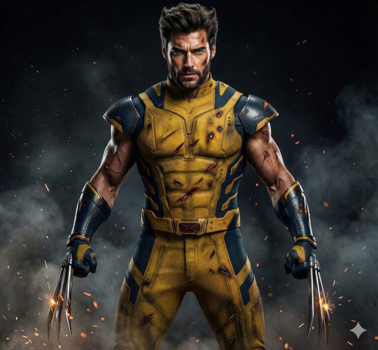 Gemini AI Generated Image: a medium shot of the X-Men character Wolverine, standing boldly against a dark, smoky background filled with rising embers. He has short, unkempt brown hair and a full beard, with an intense gaze. He wears a textured yellow and blue armored suit, which is visibly scuffed, dirty, and marked with numerous cuts and gashes, indicating recent battle. His gloved hands are clenched, and three long, sharp metal claws extend from the backs of each hand, with sparks flying around them. He stands squarely facing the viewer, radiating a sense of rugged strength and determination. The atmosphere is dark and gritty, with smoke and firelight contributing to a sense of danger.