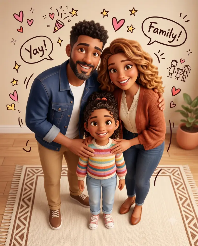 3D Pixar-Style Family AI Photo Editing Prompt. AI generated digital illustration of a smiling mother, father, and young daughter standing together, surrounded by hand-drawn doodles and speech bubbles.