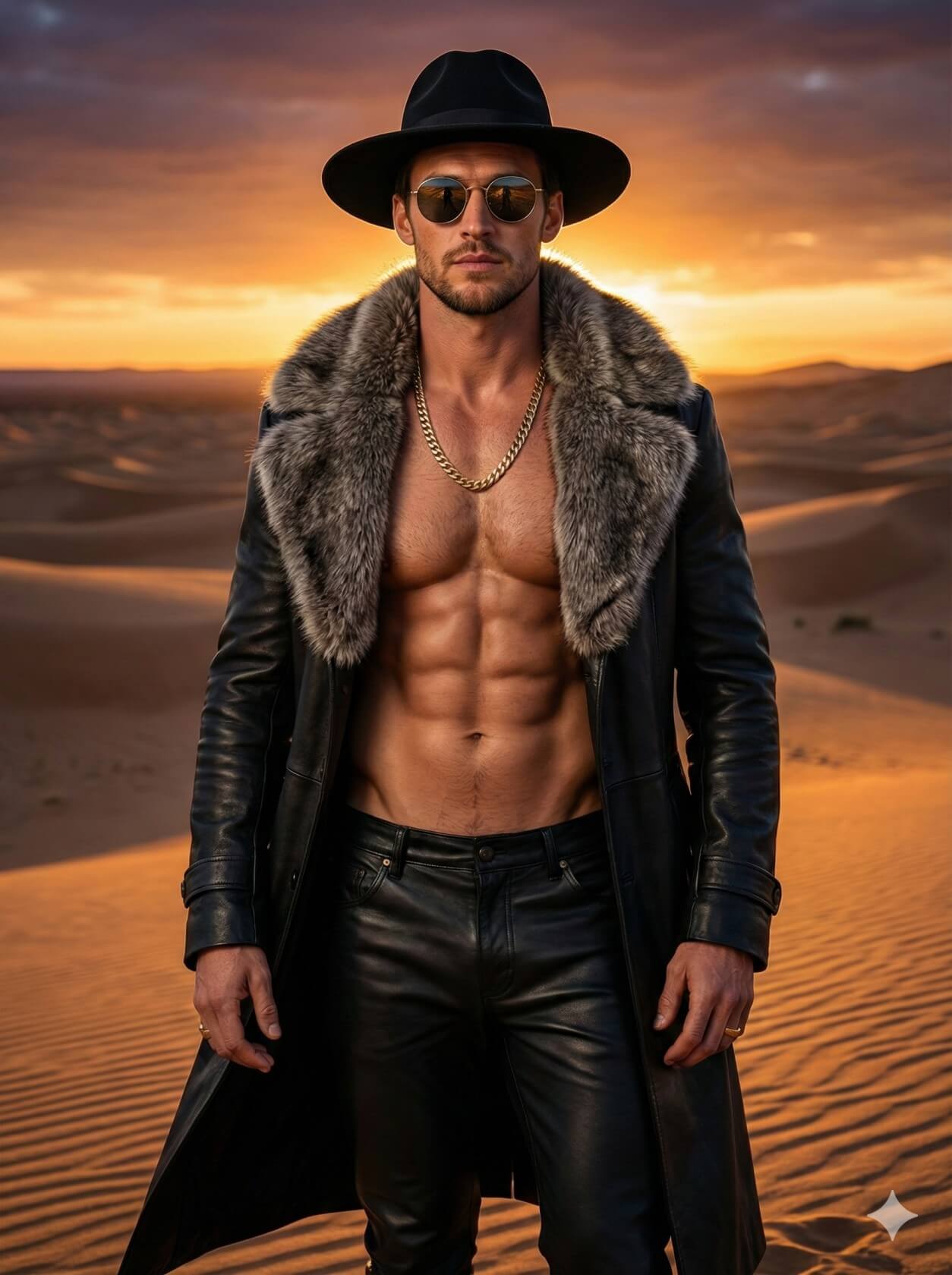 Gemini AI Generated Image: A photorealistic image of a fit, muscular man standing in a desert landscape at sunset. He is wearing a black wide-brimmed hat, round sunglasses, a gold chain, and a long open black leather trench coat with a large grey fur collar, revealing his bare chest and defined abdominals. He is also wearing black leather pants. The background features rolling sand dunes illuminated by the warm, orange glow of the setting sun.