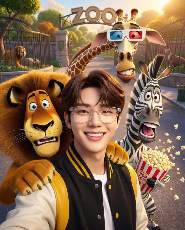 Gemini Generated Image: A smiling young man in glasses and a black and yellow jacket is taking a selfie with animated characters from the movie Madagascar (a lion, a zebra, and a giraffe wearing 3D glasses) at a zoo entrance. He is holding a bucket of popcorn.