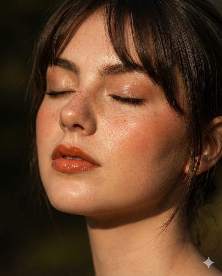 Gemini Generated Image: A close-up of a woman's face with her eyes closed. She has freckles, dewy skin, and is wearing glossy orange lipstick and blush/bronzer. Her dark hair has bangs, and she is illuminated by warm light.