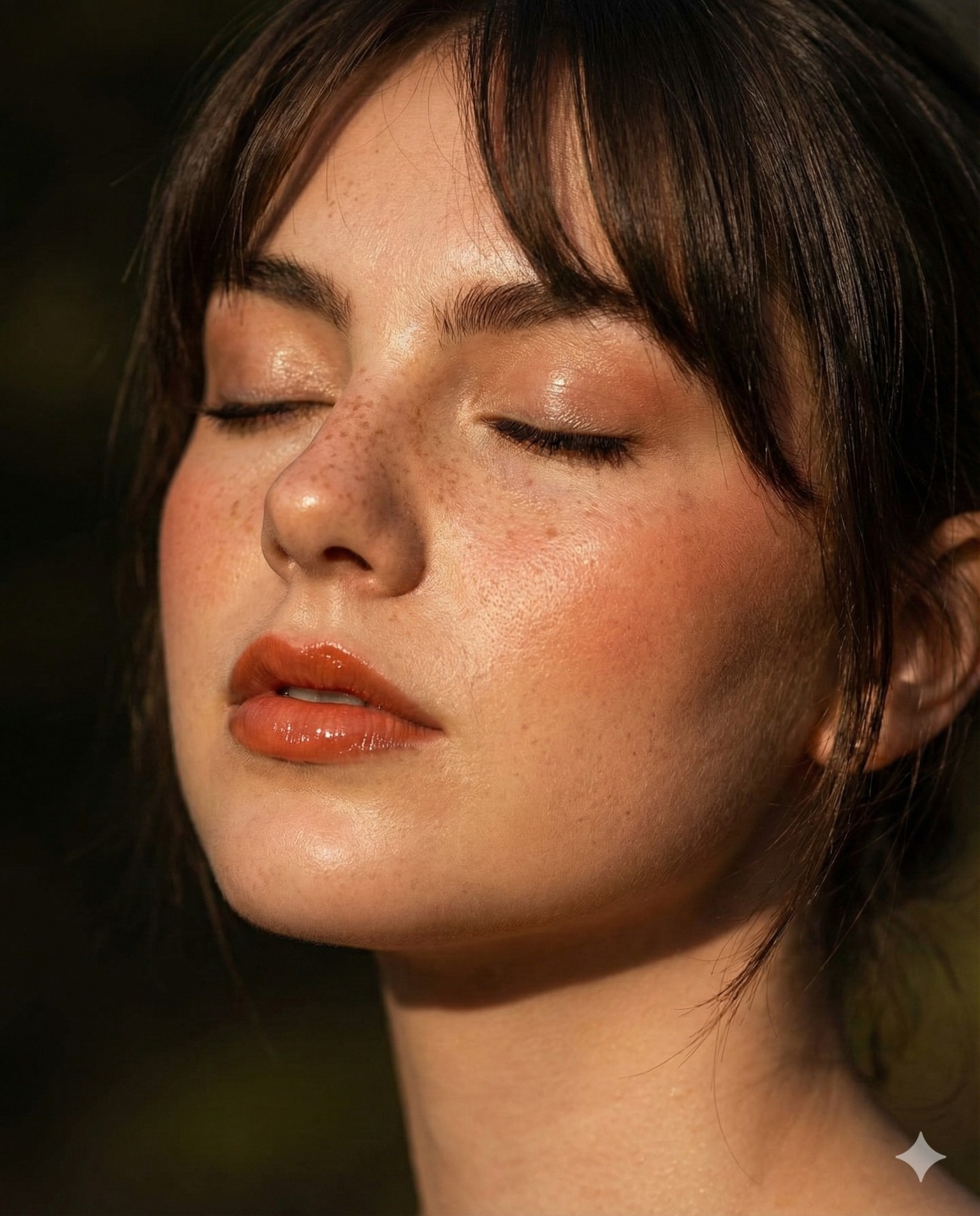 Gemini Generated Image: A close-up of a woman's face with her eyes closed. She has freckles, dewy skin, and is wearing glossy orange lipstick and blush/bronzer. Her dark hair has bangs, and she is illuminated by warm light.