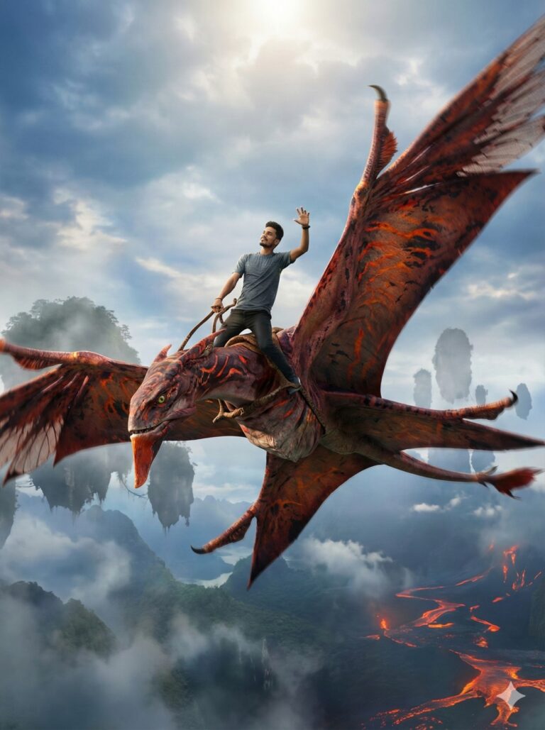Gemini AI Generated Image: a thrilling fantasy scene featuring a young man riding atop a massive, winged creature that resembles a cross between a dragon and a pterosaur. The beast has a vibrant, patterned hide with rusty red, orange, and black markings similar to tiger stripes, along with a long, crested head and a sharp beak. The rider, dressed casually in a grey t-shirt and dark pants, sits securely on the creature's back, holding a rein with one hand while waving the other enthusiastically, his expression filled with joy and excitement. They are soaring through a cinematic atmosphere populated by misty, floating rock formations, while the dark landscape far below is crisscrossed with glowing rivers of molten lava, creating a dramatic contrast between the airy sky and the volcanic ground.