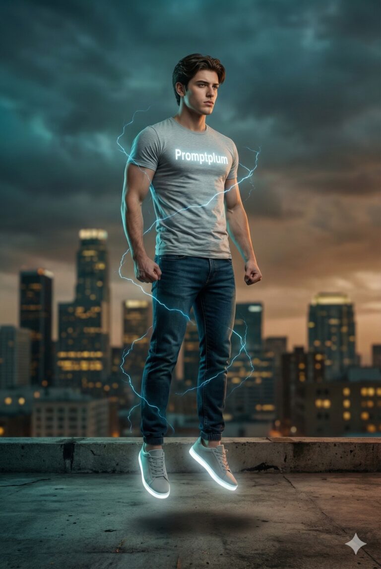 Gemini AI Generated Image of A man in a "Promptplum" shirt floats above a city skyline with glowing shoes and blue lightning.