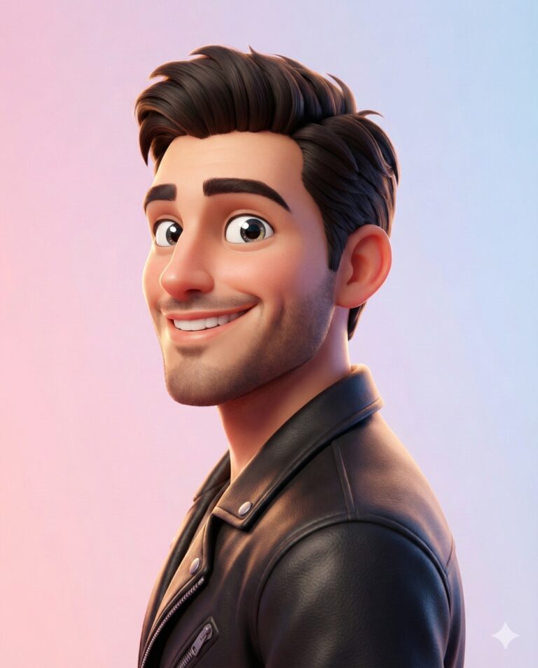 Gemini AI Generated Image: A high-quality, 3D animated-style portrait of a man shown in side profile. He features a charming, playful expression with a wide smile and large, expressive eyes. He has thick, dark styled hair and a light beard, wearing a black leather motorcycle jacket against a soft pink and blue pastel gradient background.