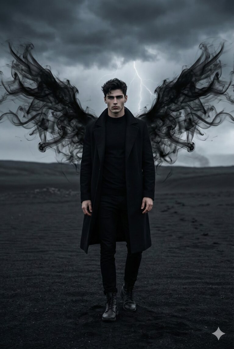 Gemini AI Generated Image: a striking dark fantasy scene featuring a handsome young man standing in a desolate, volcanic landscape. He is dressed in a sleek all-black outfit with a long coat, turtleneck, and boots. Massive, ethereal wings made of swirling black smoke rise dramatically from his back. The atmosphere is intense and moody, emphasized by a stormy grey sky with a bolt of lightning striking in the distance. The overall composition conveys a powerful, supernatural, and gothic aesthetic.