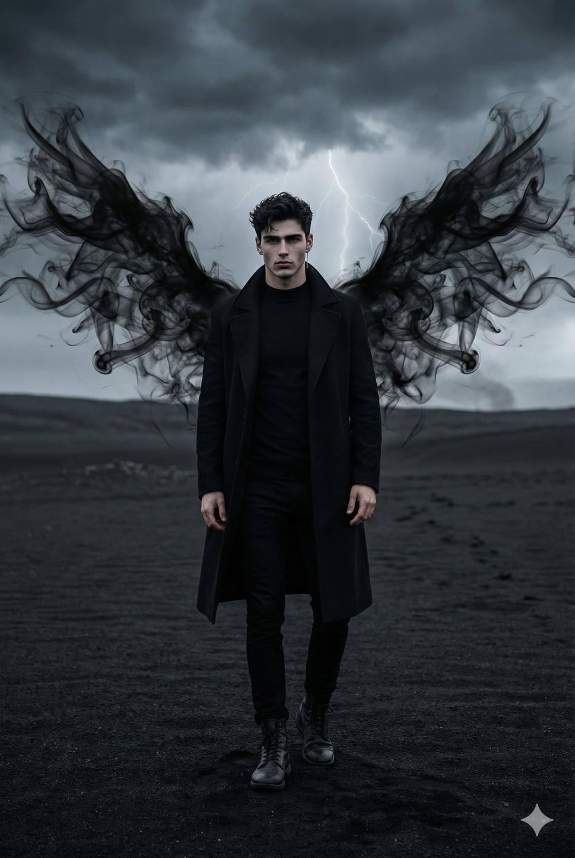 Gemini AI Generated Image: a striking dark fantasy scene featuring a handsome young man standing in a desolate, volcanic landscape. He is dressed in a sleek all-black outfit with a long coat, turtleneck, and boots. Massive, ethereal wings made of swirling black smoke rise dramatically from his back. The atmosphere is intense and moody, emphasized by a stormy grey sky with a bolt of lightning striking in the distance. The overall composition conveys a powerful, supernatural, and gothic aesthetic.