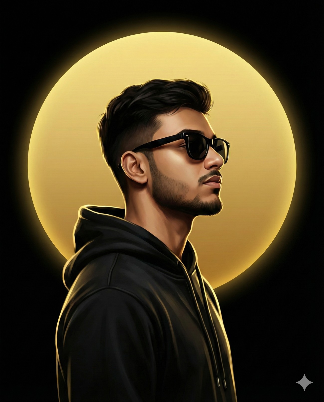 Gemini AI Generated Profile of a man in a black hoodie and sunglasses, backlit by a large glowing golden circle.