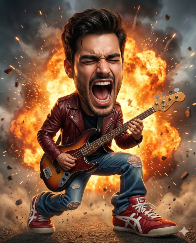 Gemini AI Generated Image: A hyper-realistic 3D caricature of a rocker in a red leather jacket screaming and playing bass guitar against a massive fiery explosion.