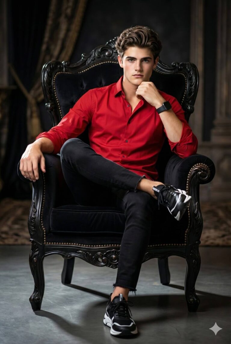 Gemini Ai Generated Image: A young man with wavy brown hair sits confidently in a luxurious, ornate black chair. He is dressed in a bright red button-down shirt, black skinny jeans, and black-and-white sneakers. With one leg crossed over the other and his hand resting thoughtfully on his chin, he gazes directly at the camera against a dark, elegant background.