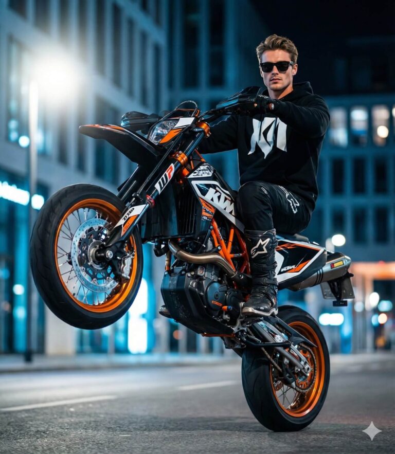 Gemini AI Generated Image: A young man with blonde hair and sunglasses performs a wheelie on a black and orange KTM supermoto motorcycle on a paved city street at twilight. He is wearing a black hoodie with a white logo, motocross pants, and boots, and looks directly at the camera while balancing the bike on its rear wheel. The background features blurred modern buildings and streetlights with cool blue tones.